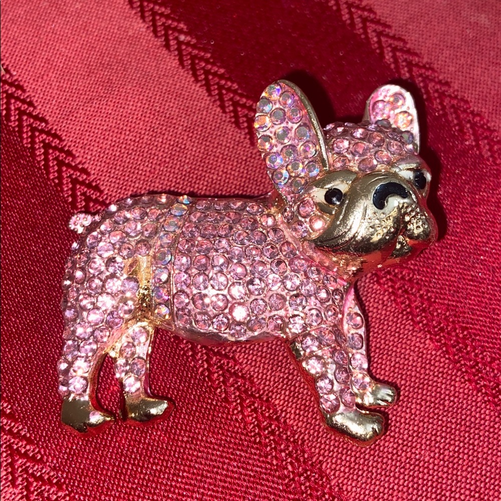 NEW Pink Rhinstoned & Gold Tone French Bulldog Broach & Pendant